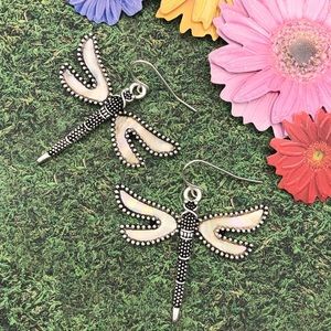 🌼 Mother of Pearl Inlay Silver Dragonfly Dangle Earrings